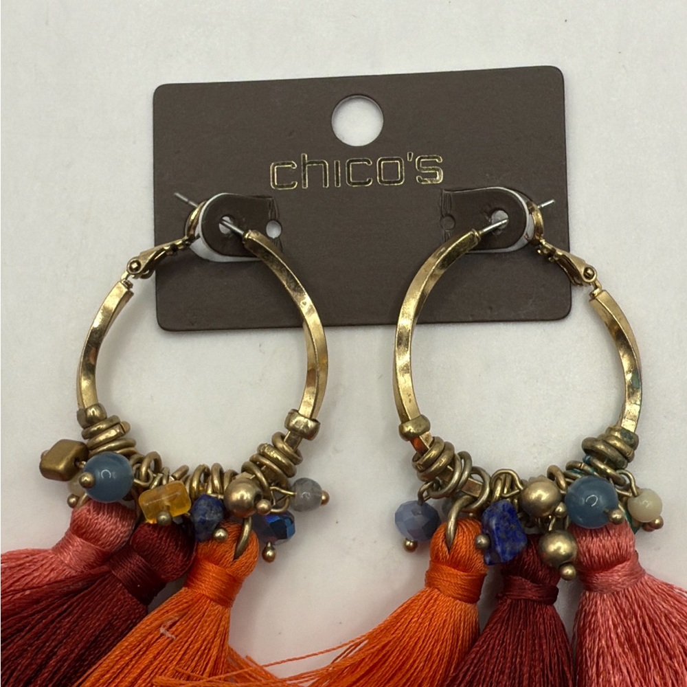 NWT Chicos Multicolor Tassel Hoop Drop Dangle Earrings Boho Hippie Orange Pink - Picture 4 of 8